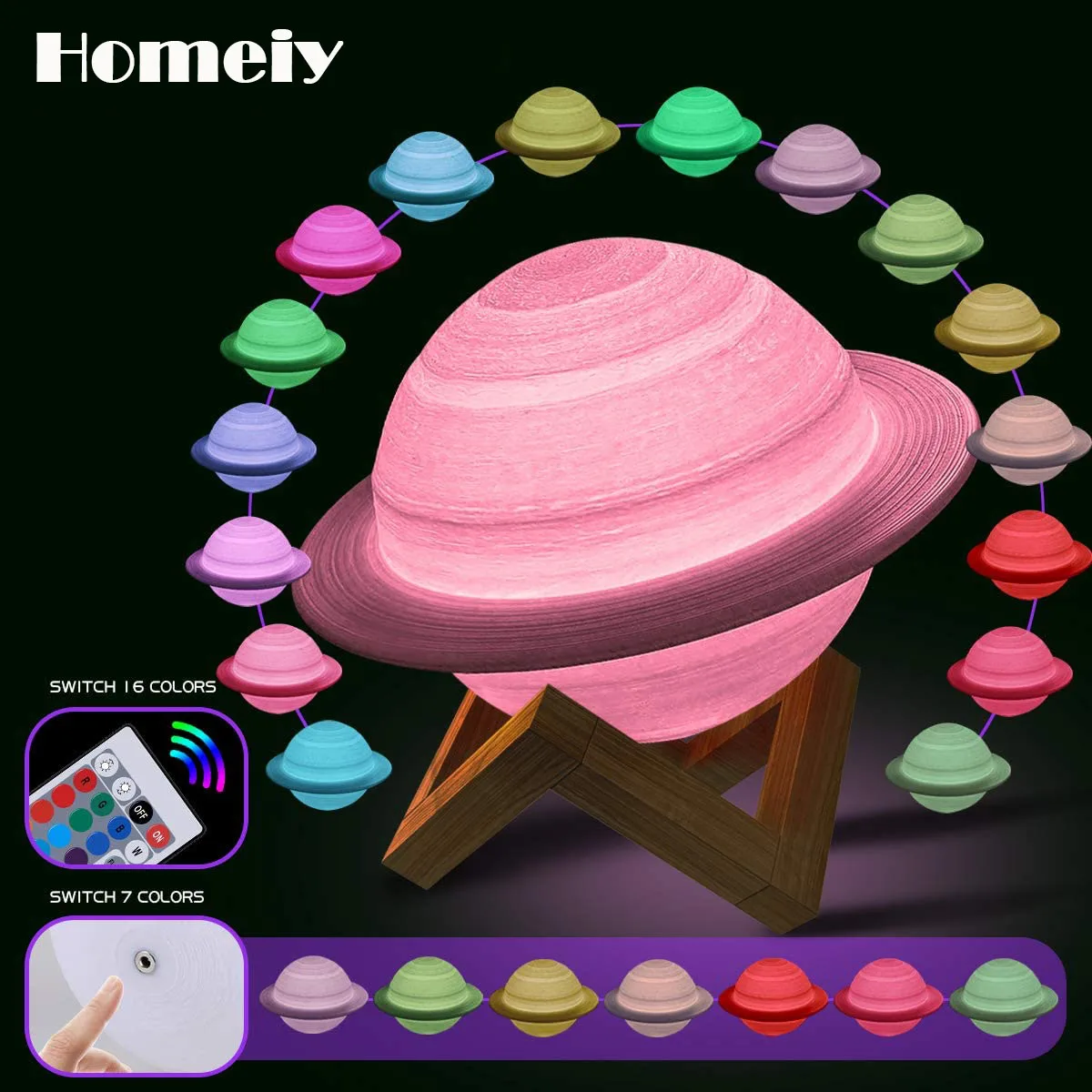 

Светодиодный ночсветильник Homeiy с 3D рисунком, лампа в виде сатурна и Луны, прикроватная лампа с дистанционным и сенсорным управлением, 16 цвет...