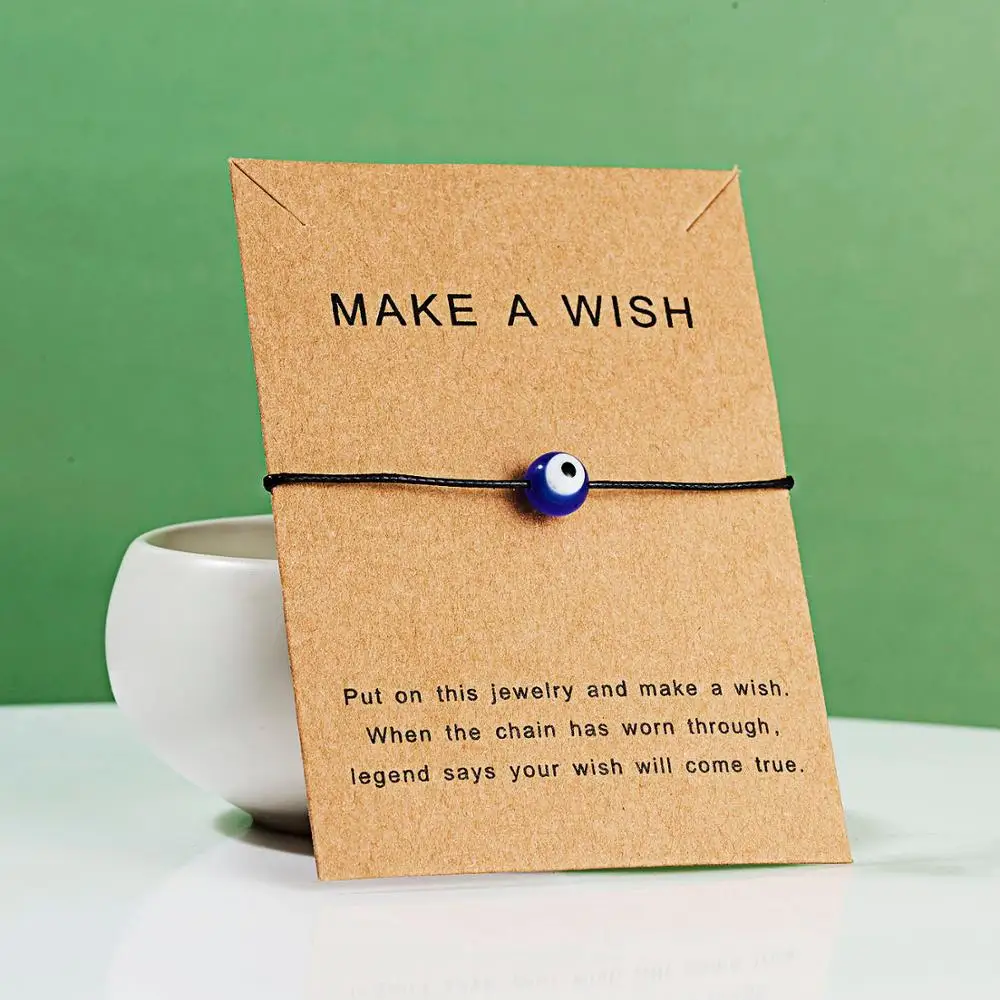 Плетеный браслет с бумажной карточкой и надписью Make a Wish Blue Evil Eye женские