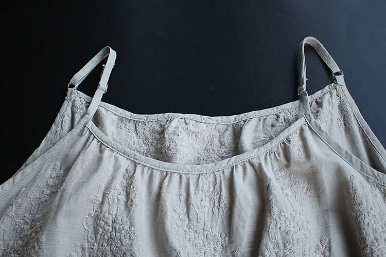 

8740 New Summer Cotton Sling Dress Japan Style Literary Solid Color Embroidery Women Sleeveless Sling Dress