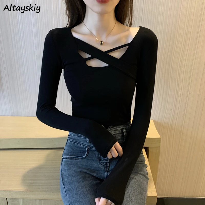 

Осенние футболки с длинным рукавом, женские бандажные сексуальные тонкие майки с квадратным вырезом, топы Ulzzang, простая элегантная футболка...