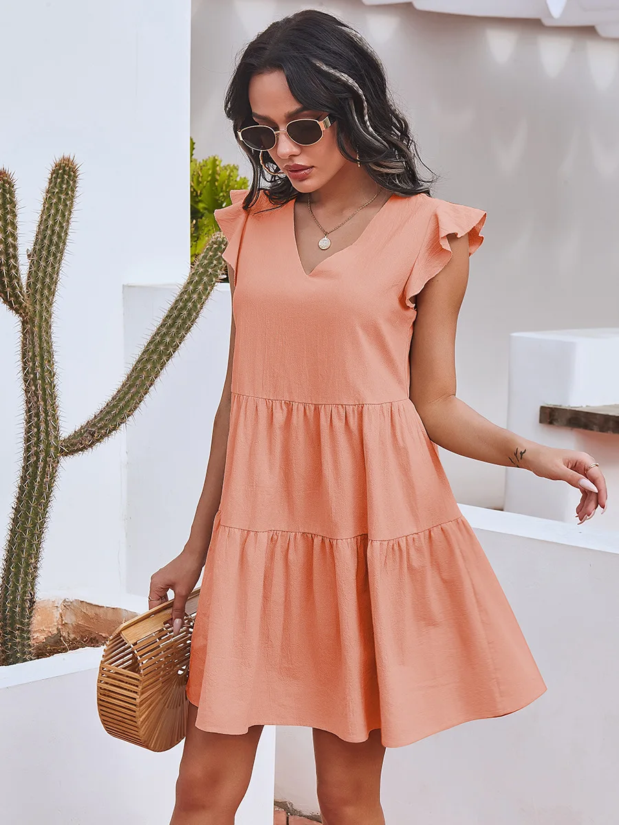 

Donsignet Fashion Womens Dress Hot-selling Casual V-neck Solid Color Stitching Ruffled Large Loose Plus Size Short-sleeved Dress