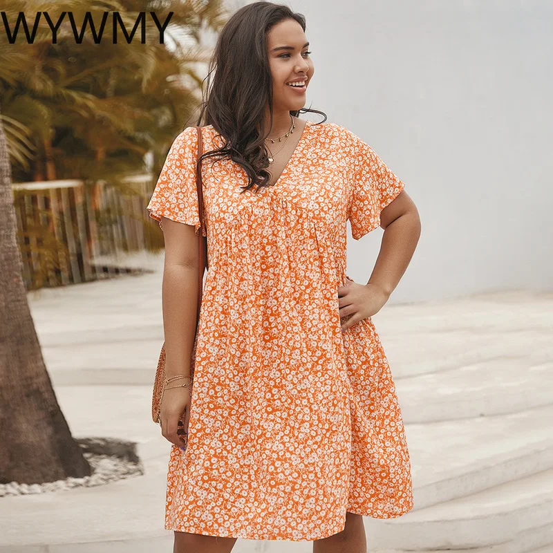 

WYWMY Plus Size Dress Floral Print Women Summer Beach Sweet Casual Loose Fit Clothes Yellow Womens Clothing Everyday