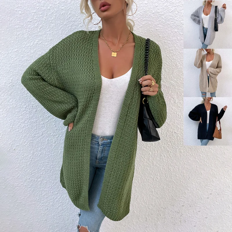 

ZJZLL 2021 Autumn and Winter New European and American Solid Color Knitted Cardigan Mid-length Sweater for Women