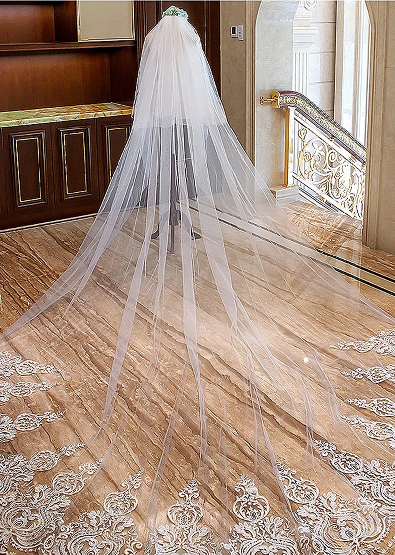 Romantic 5M Wedding Veil Cathedral Two Layer Lace Appliqued Long Bridal Veils With Comb Woman Marry Gifts 2021 New Accessories | Свадьбы и