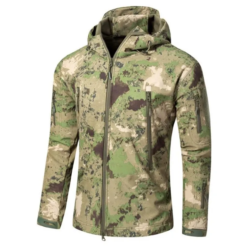 Men's Military Camouflage Fleece Tactical Jacket Outdoor Shark Skin Soft Shell Waterproof Windbreaker Hooded Coat Hunt Clothes