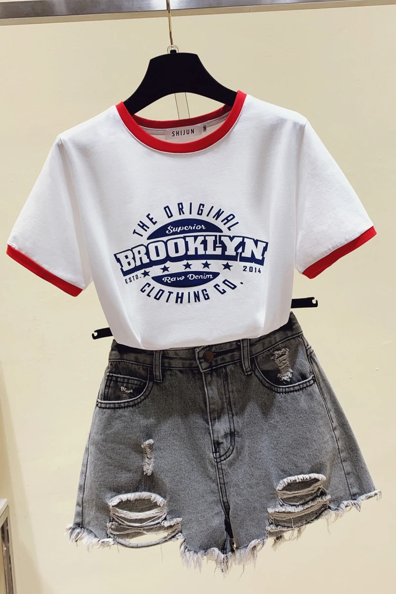 

short T-shirt Solid Color Basic T Shirt Women Casual Harajuku Summer Top Korean Short T-shirt Printed letters Cotton Tshirt