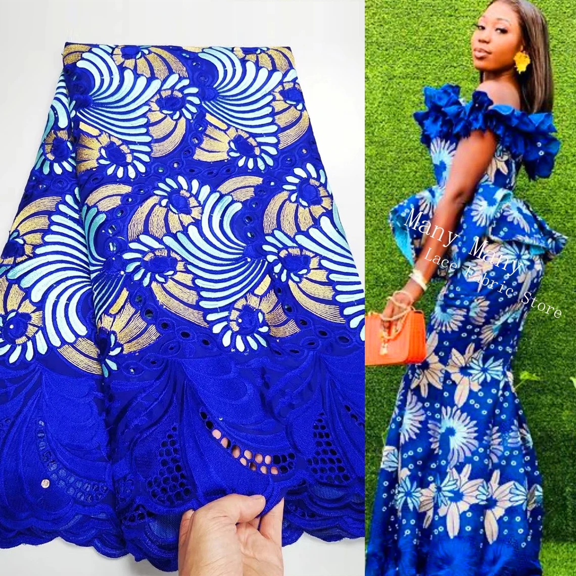 Новое поступление! Королевский синий швейцарский вуаль сухие кружева с камнями