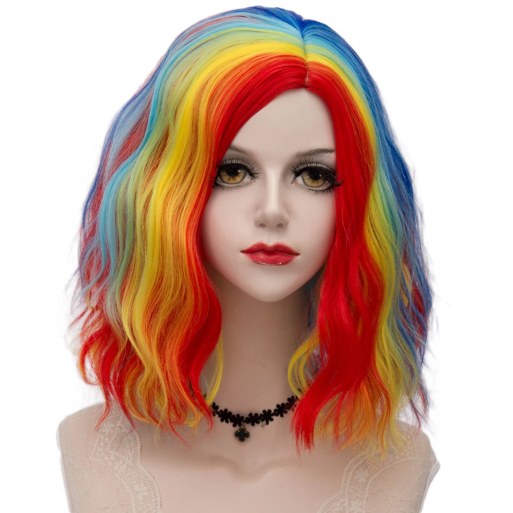 Rainbow wig 02 Косплей микс 35 см многоцветный Лолита косплей пушистый кудрявый Хэллоуин Радужный Омбре синтетический парик+ Кепка - Цвет: Rainbow wig 02