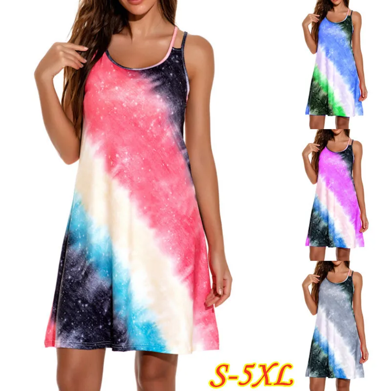 

2020 New Summer Dress Lrage Size 5XL Sundress Sexy Sleeveless Loose A-line Dress Rainbow Print Casual Beach Mini Dress Vestidos