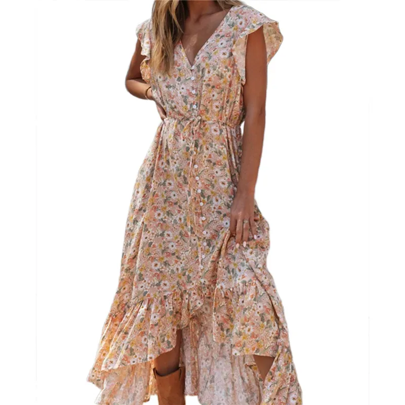 

Summer Ruffles Sexy V Neck Women's Dress Bohemia Tunic Maxi Dresses Hot Sale Elegant Vintage Flowers Print Dress Lady Vestidos
