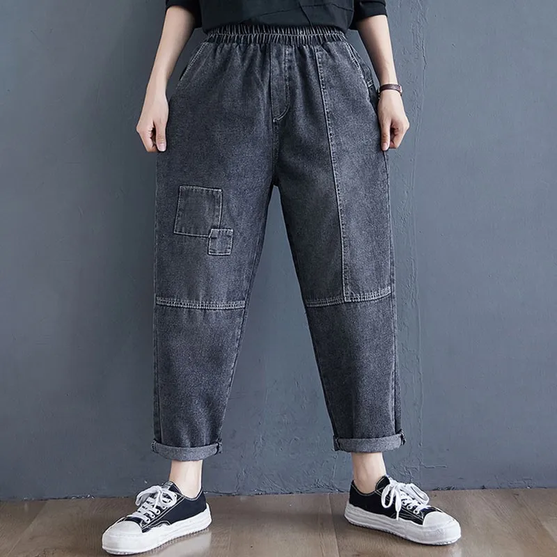 

Women Casual Boyfriend Jeans New 2021 Spring Simple Style Solid Color Loose Female High Waist Denim Harem Pants S3603