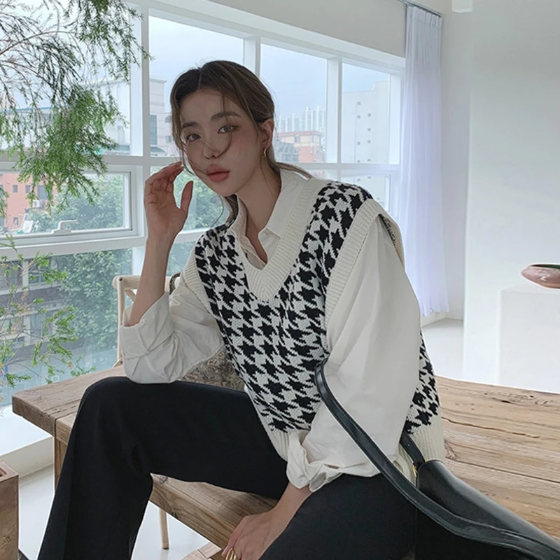 Женский шерстяной вязаный жилет Y2KHoundstooth новинка 2022 Осенний Свободный корейский