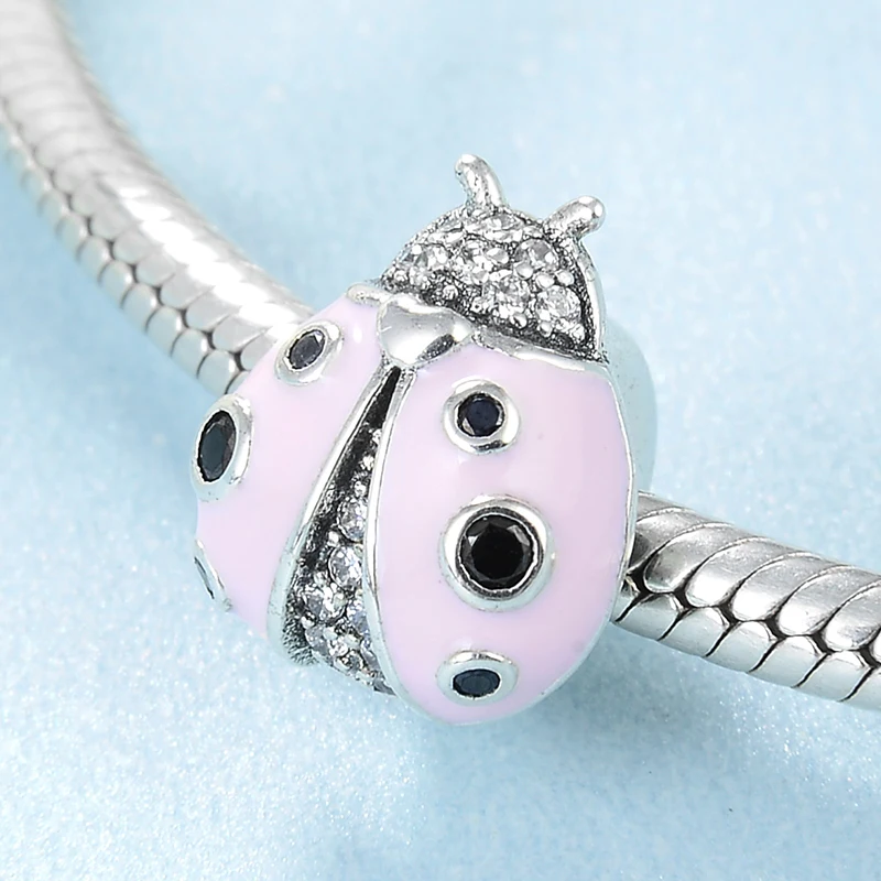 Горячая Распродажа 925 пробы серебро розовый Божья коровка Очаровательная CZ