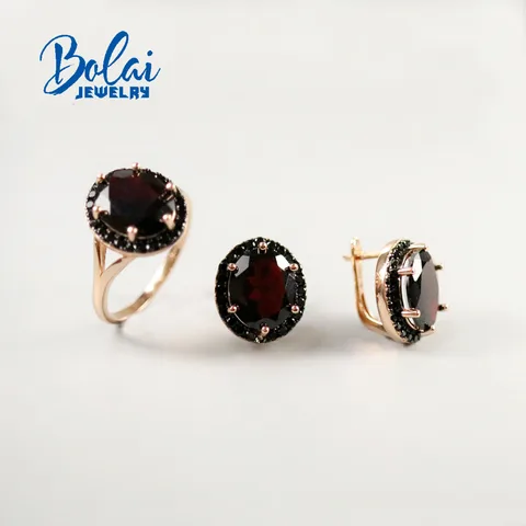 Женские кольца и серьги Bolaijewelry, элегантные украшения из серебра 2021 пробы, Природный Черный гранат