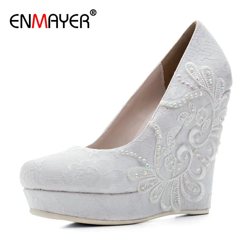 

ENMAYER Luxury Wedges High Heel Sexy Shoes Woman Basic Round Toe Shoes Flower Slip-On Wedding Women Shoes Lace Women Pumps 34-43