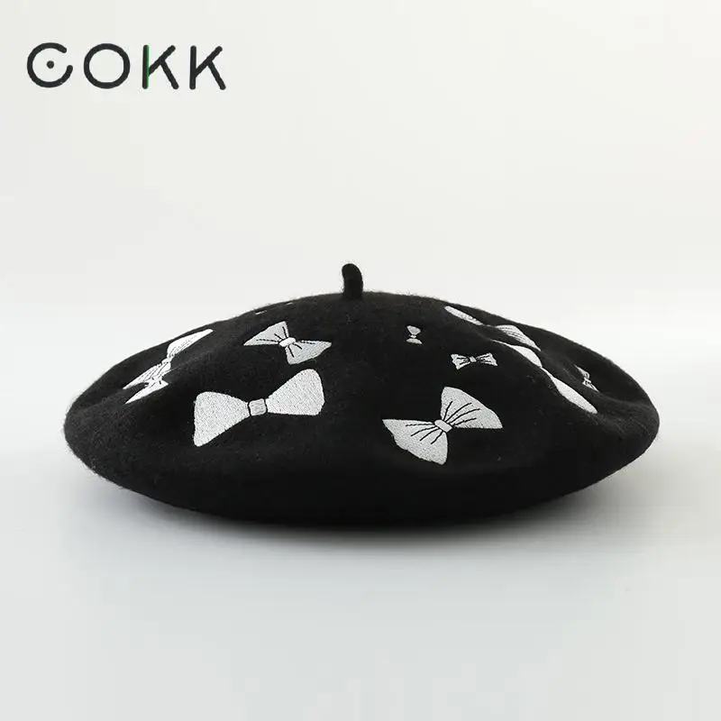 COKK шерстяной берет с вышивкой и бантом осенне зимние шапки для женщин женская