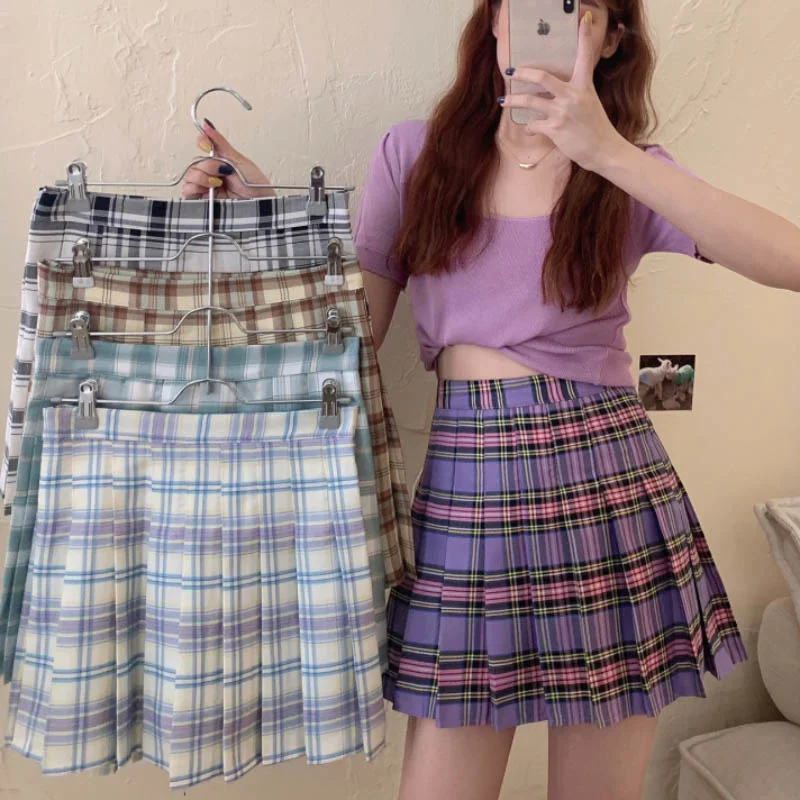 

Women Fashion Summer High Waist Plaid Mini Skirt School Girls Jk Pleated Skirt A Line Cute Elegant Preppy Dancing Skirts