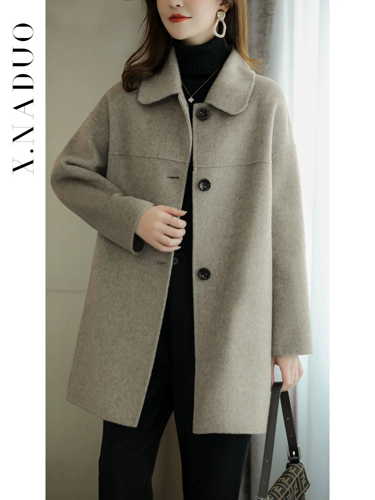 

Женское двустороннее кашемировое пальто, свободное двубортное пальто средней и длины из натуральной шерсти в Корейском стиле, осень 2021