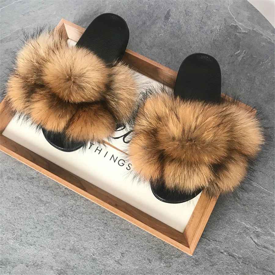 Pom Pom Fur Slippers For Women Fluffy Real Fox Fur Slides Furry Raccoon Fur Sandals Ladies Cute Fur Ball Flip Flops Rainbow Shoe images - 6