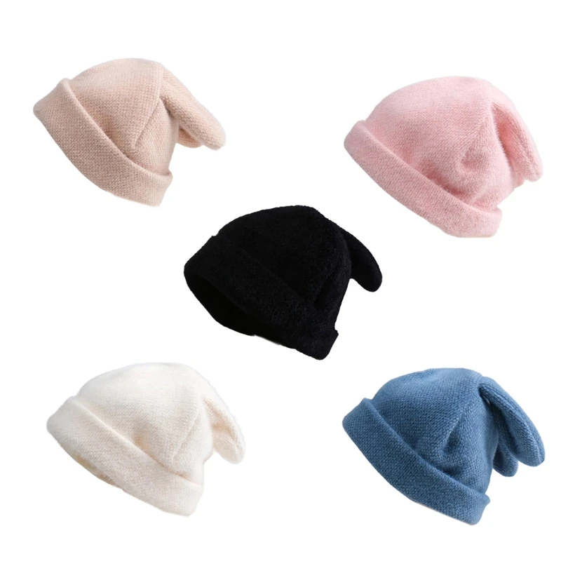 

Women Knitted Wool Hat with Cute Rabbit Ears Korean Female Autumn Winter Plush Soft Warm Cap Solid Outdoor Ski Bunny Ears Hat