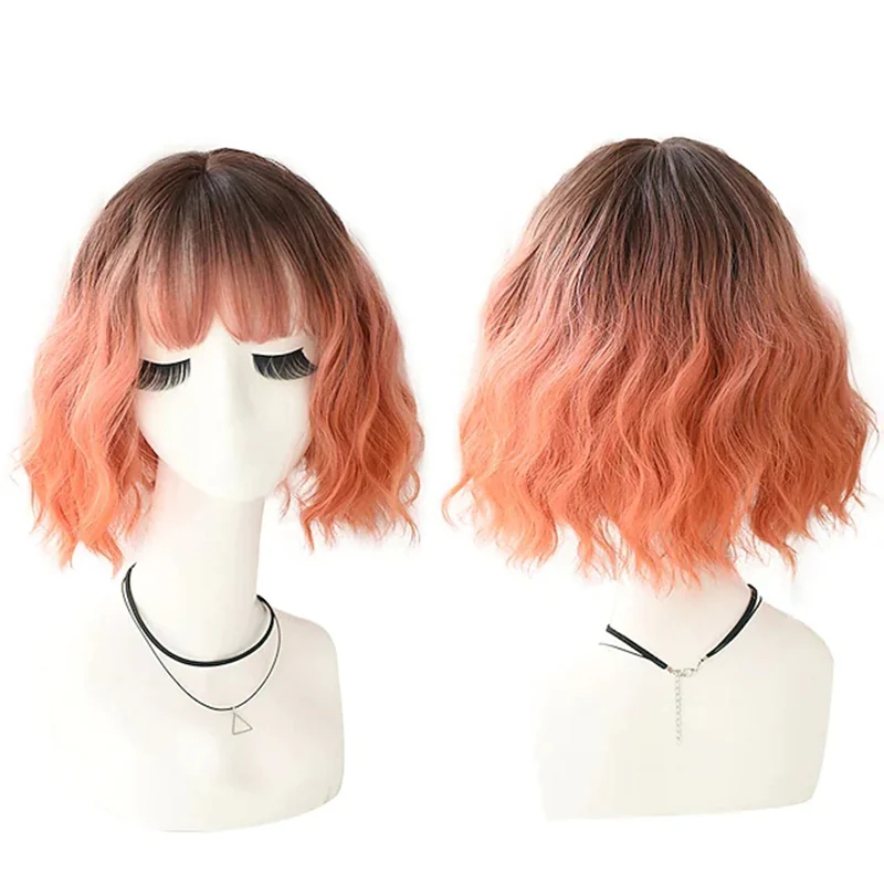 

Human Blend Wigs Short Hair Deep Wave Soft Cosplay Wig With Bangs For Women