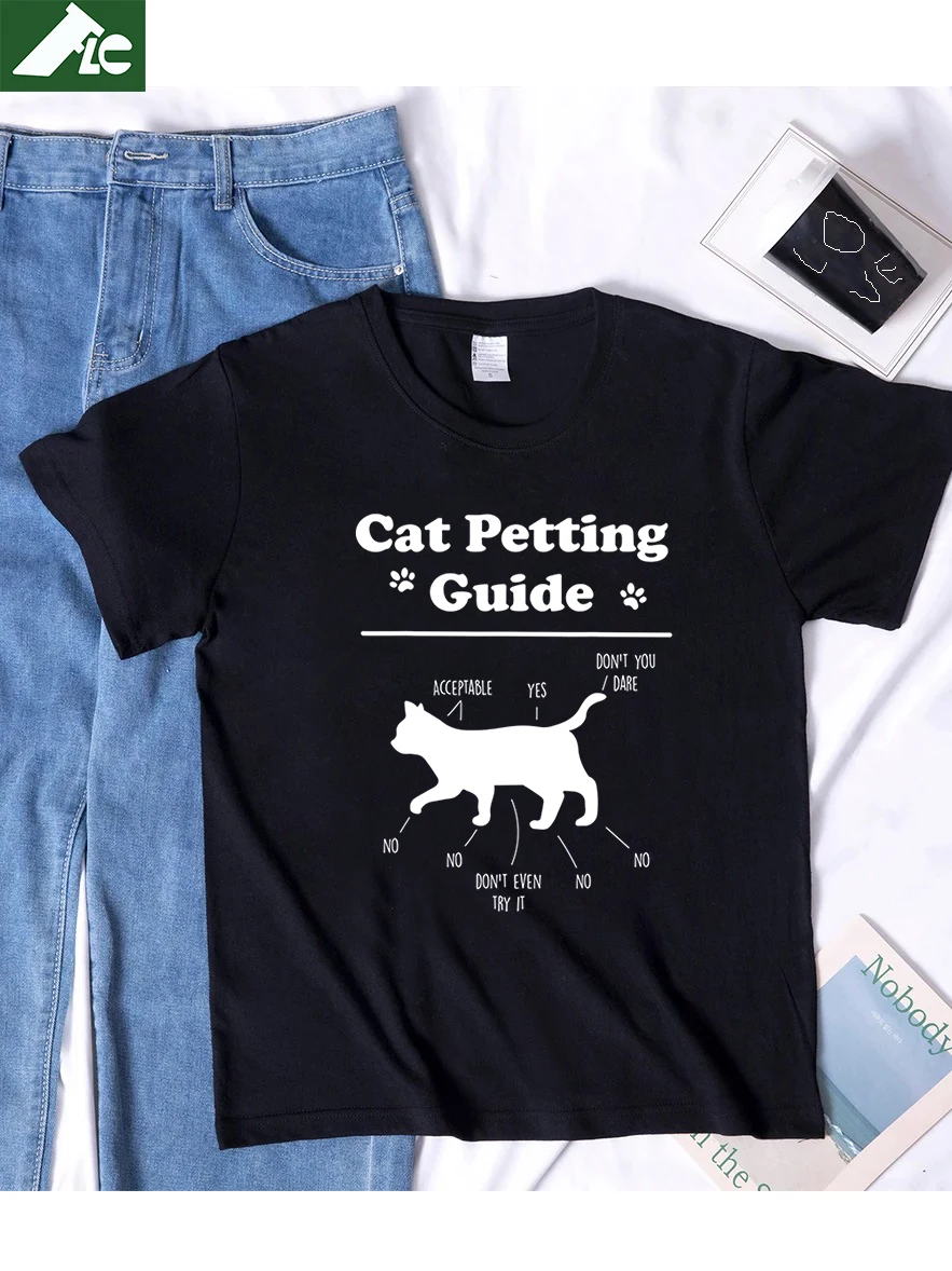 

100% Cotton Cat Petting Guide Fahion Shirt Funny Cat Owner Pet Kitten Petting Guide Tee Shirt Women Clothing 2022 Oversized Top
