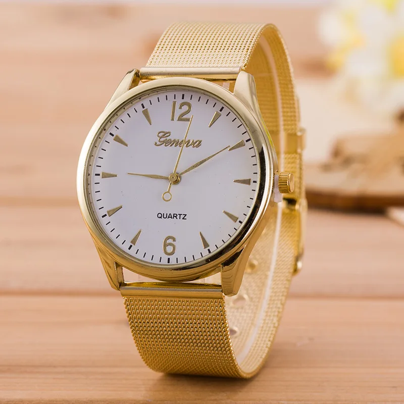 Женева женские трендовые золотые Нержавеющая сталь наручные часы с ремешком