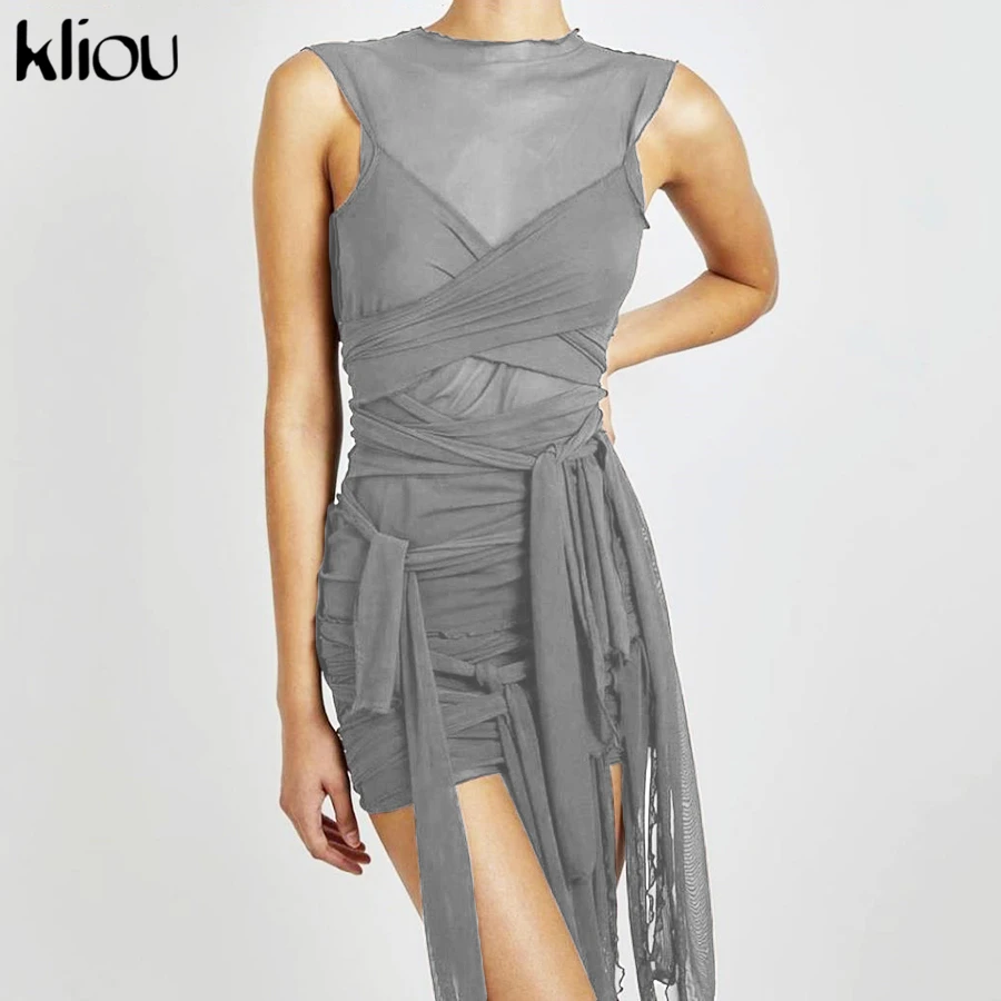 Kliou Ribbons Mesh See Through Bodycon Party Dresses Women Sexy Clubwear Mini Dress Solid Sleeveless Basic Female платье Outfits