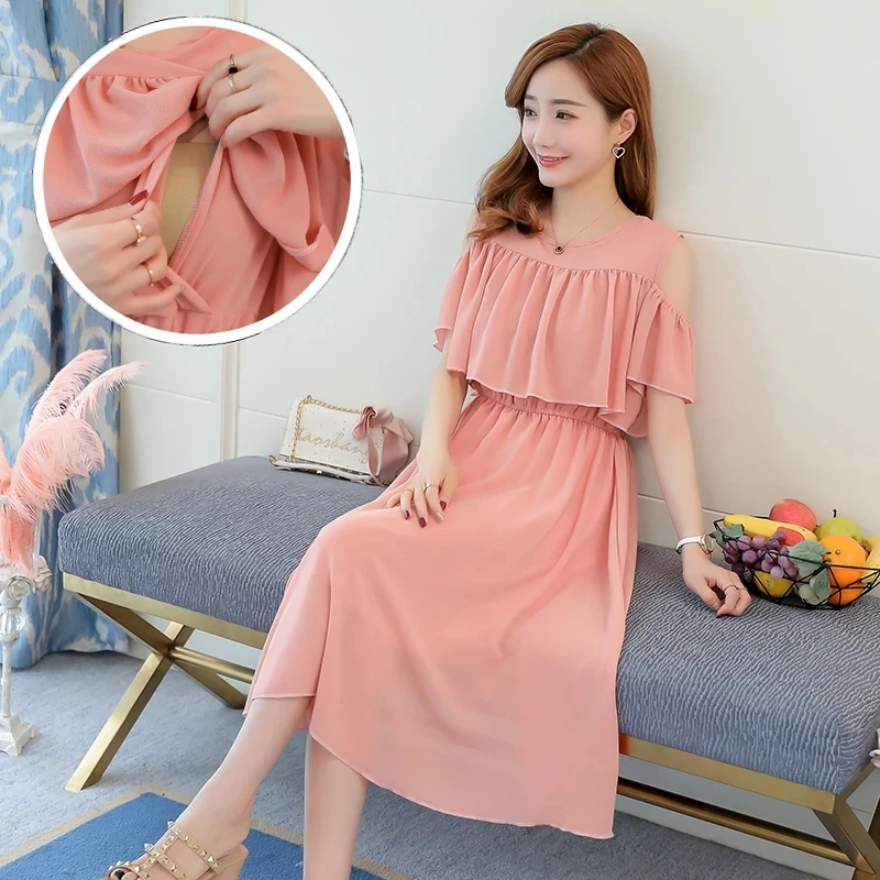 

Maternity Dress nursing dresses breastfeeding Pregnancy Clothes Summer ruffles collar Pregnant Women's Loose Outwear Elegant