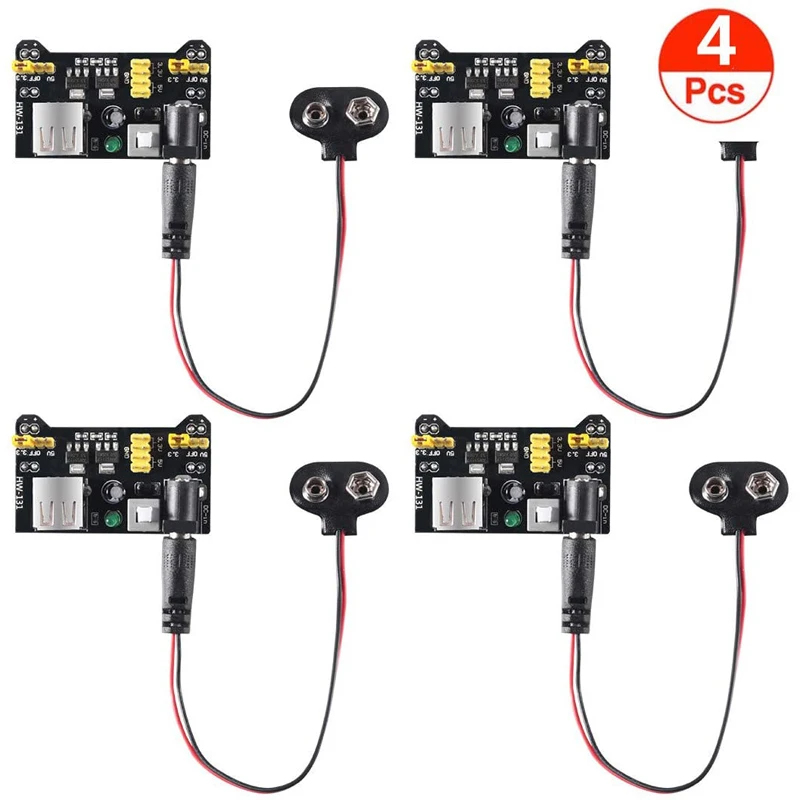 Набор из 4 модулей питания для макетной платы MB102 и зажима для батареи 9В с разъемом DC 2,1 мм X 5,5 мм для Arduino.