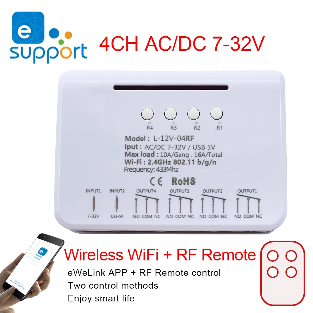 

Беспроводной радиочастотный модуль приемника Ewelink, 4 канала, Wi-Fi, 5 В, 12 В, 24 В, постоянного тока, 7-32 В, 10 А