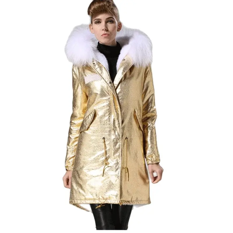 Новинка 2017 Роскошная золотая парка длинная стильная женская зимняя белая
