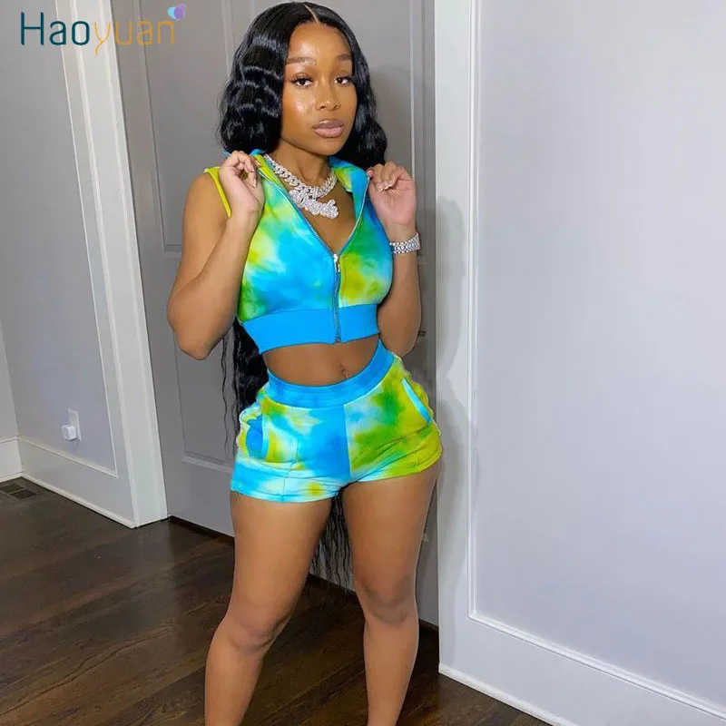 

HAOYUAN, сексуальный комплект из двух предметов с галстуком-краской, летняя одежда для женщин, спортивный костюм, укороченный топ, байкерские ш...