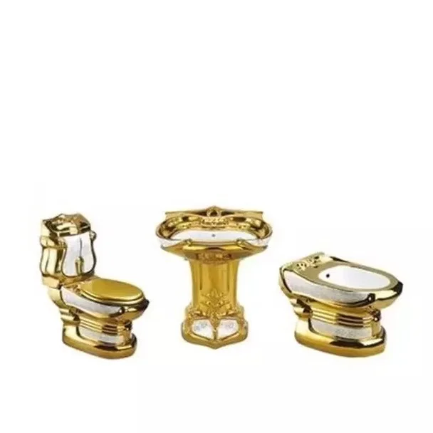 

Gold toilet three piece set, including basin, toilet, women's washing device
