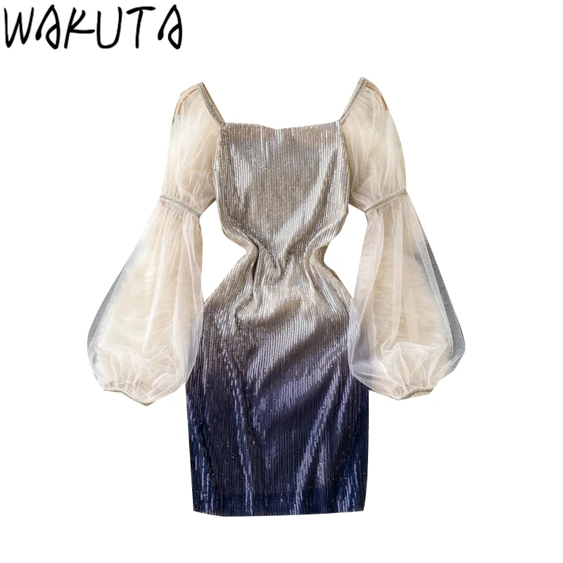 WAKUTA с блестками Наряд для облегающее мини платье женское элегантное винтажное