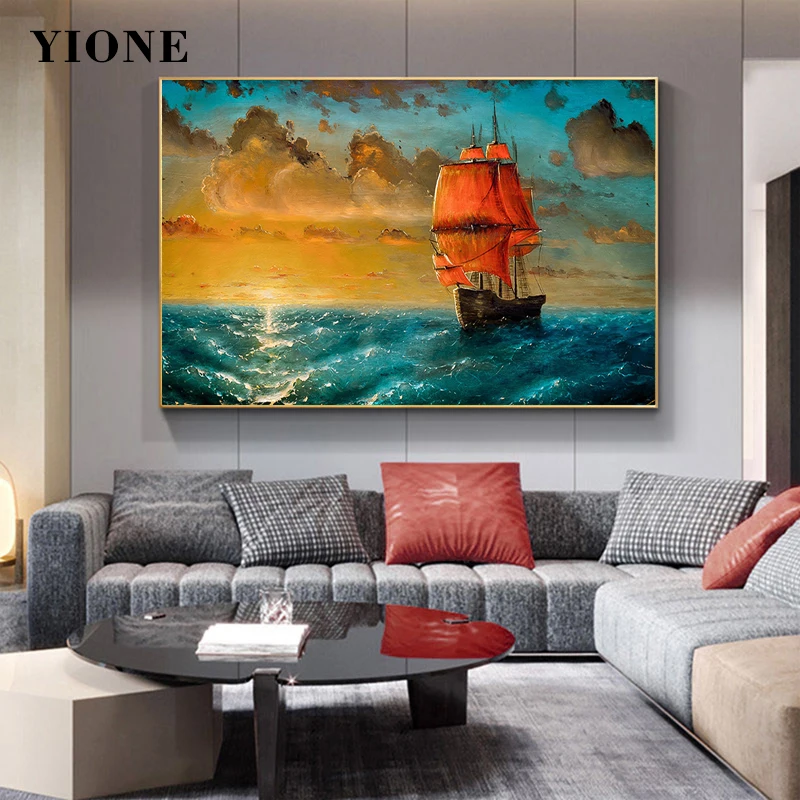 

Vintage Sailboat Sea Sailing Adventure Canvas Posters and Prints Ocean Wave Sky Seascape Wall Art Picture Decoration Painting