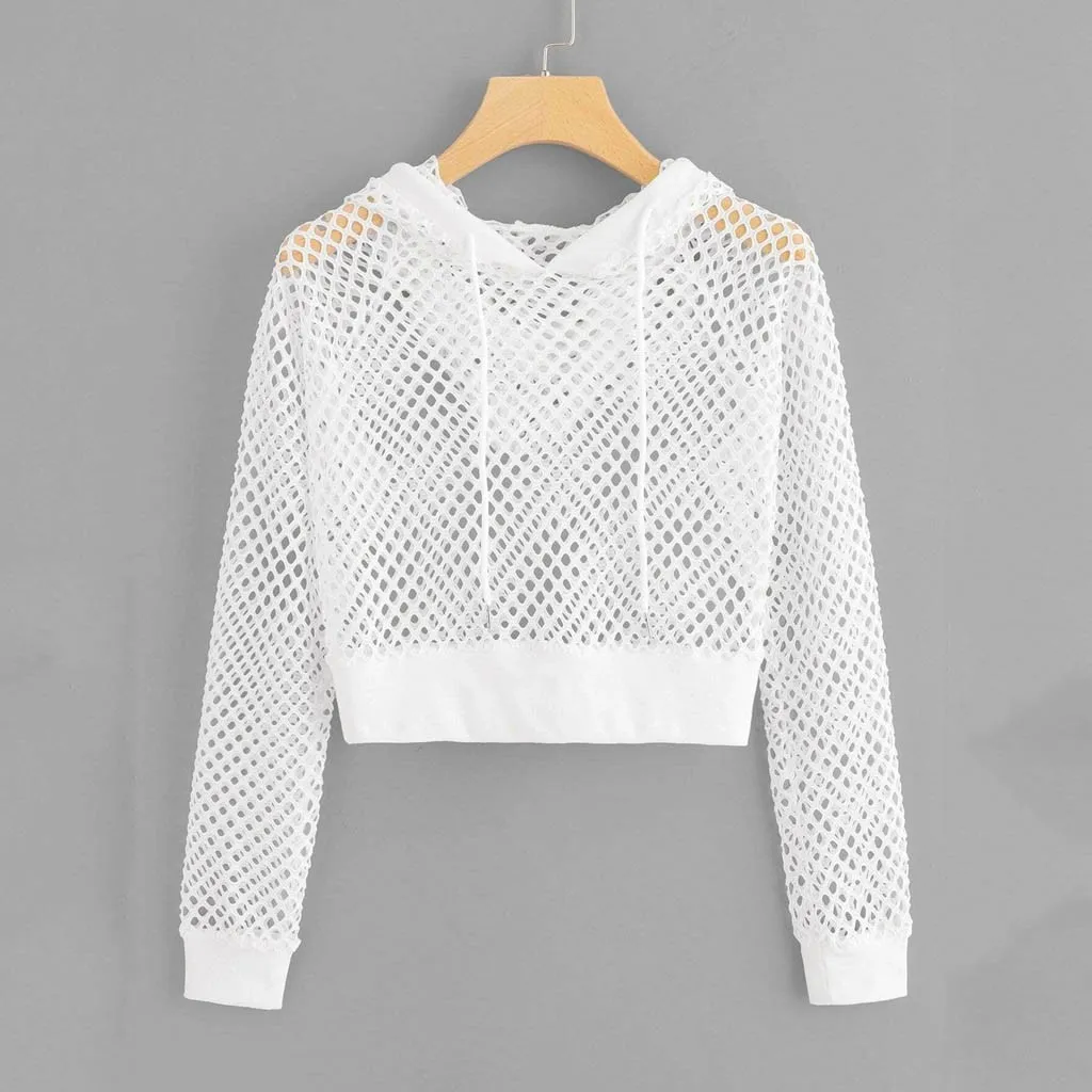 Женский Укороченный свитшот с сетчатыми вставками однотонный Модный