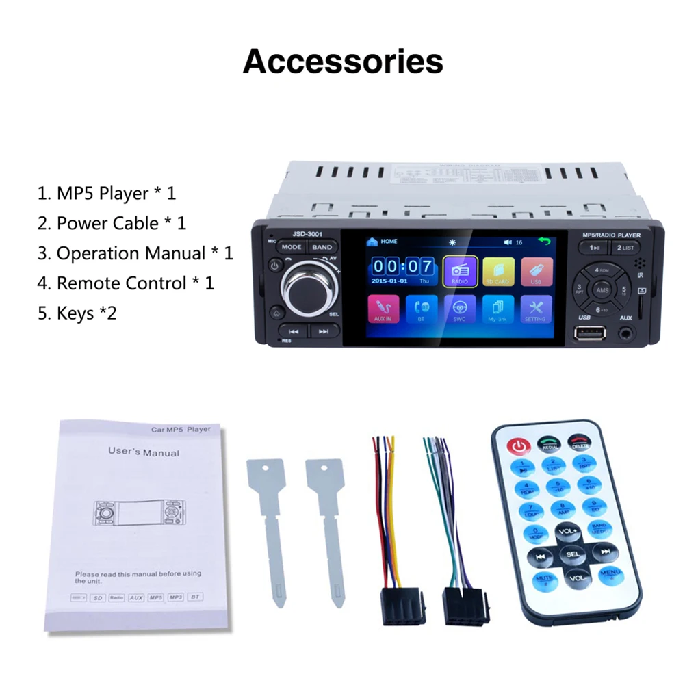 

JSD-3001 Single 1 DIN Car Radio Multimedia Video Player 4.1 inch Touch Screen Bluetooth AUX Auto Stereo Head Unit + AUX Cable