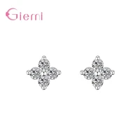 authentic 925 sterling silver small clover flower white cz stud earrings for women jewelry christmas gift party