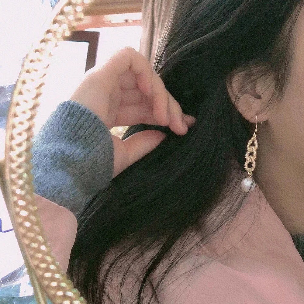 

Freshwater 8-9 mm Near Round Pearl Gold Filled Luster Drop Dangle Earrings Chain Link Earring Jewelry Gift for Women