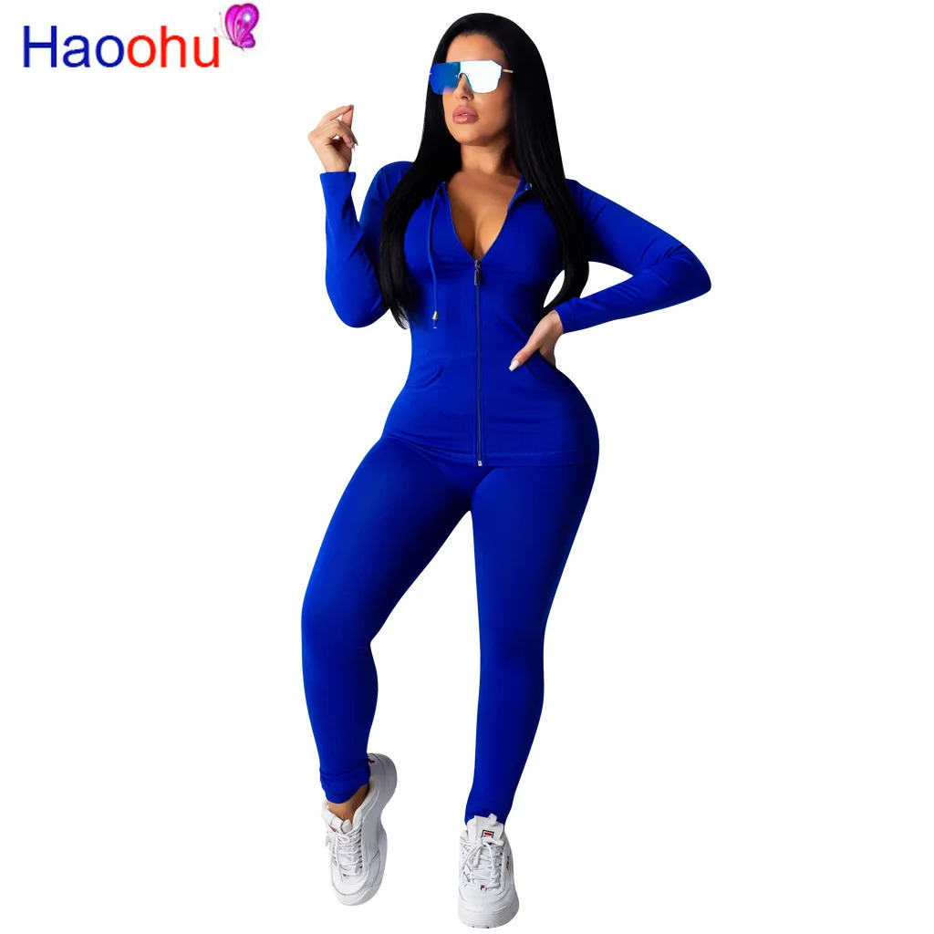 

HAOOHU Two Piece Set Tracksuit Women Festival Clothing Fall Winter Top+Pant Sweat Suits Neon 2 Piece Outfits Matching Sets