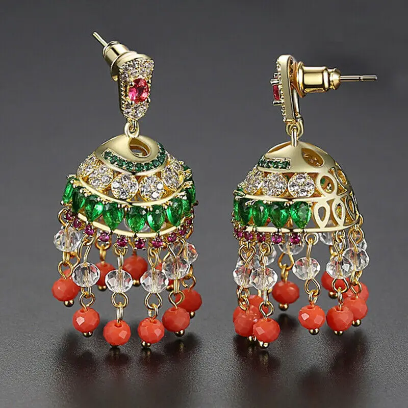 Индийские Jhumka этнические бусины кисточки висячие серьги женские Стразы Золотые