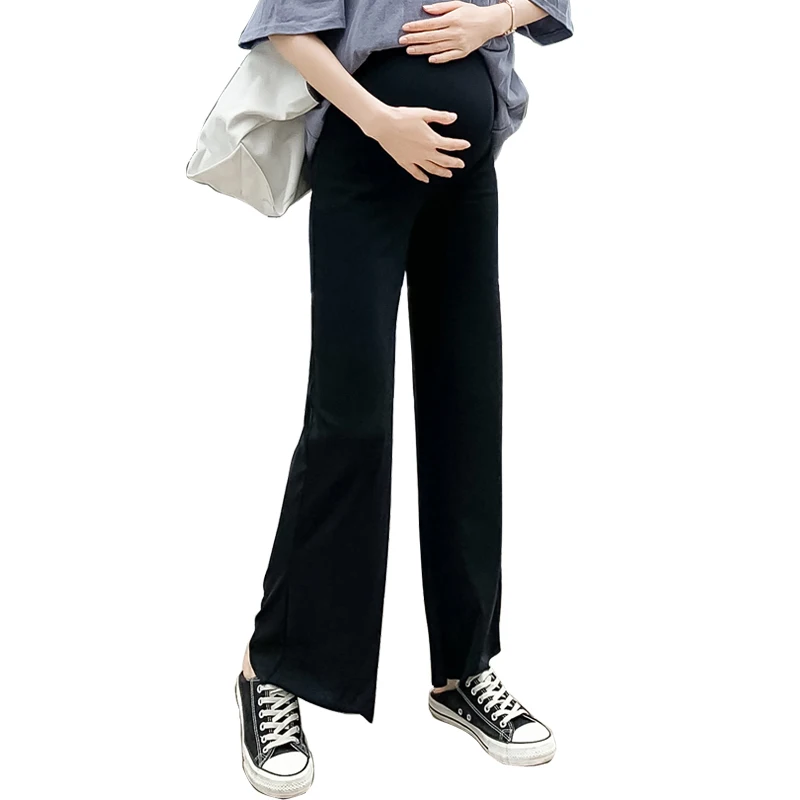 

8150# Summer Thin Black Chiffon Maternity Full Long Pants Wide Leg Loose Belly Pants for Pregnant Women Casual Pregnancy