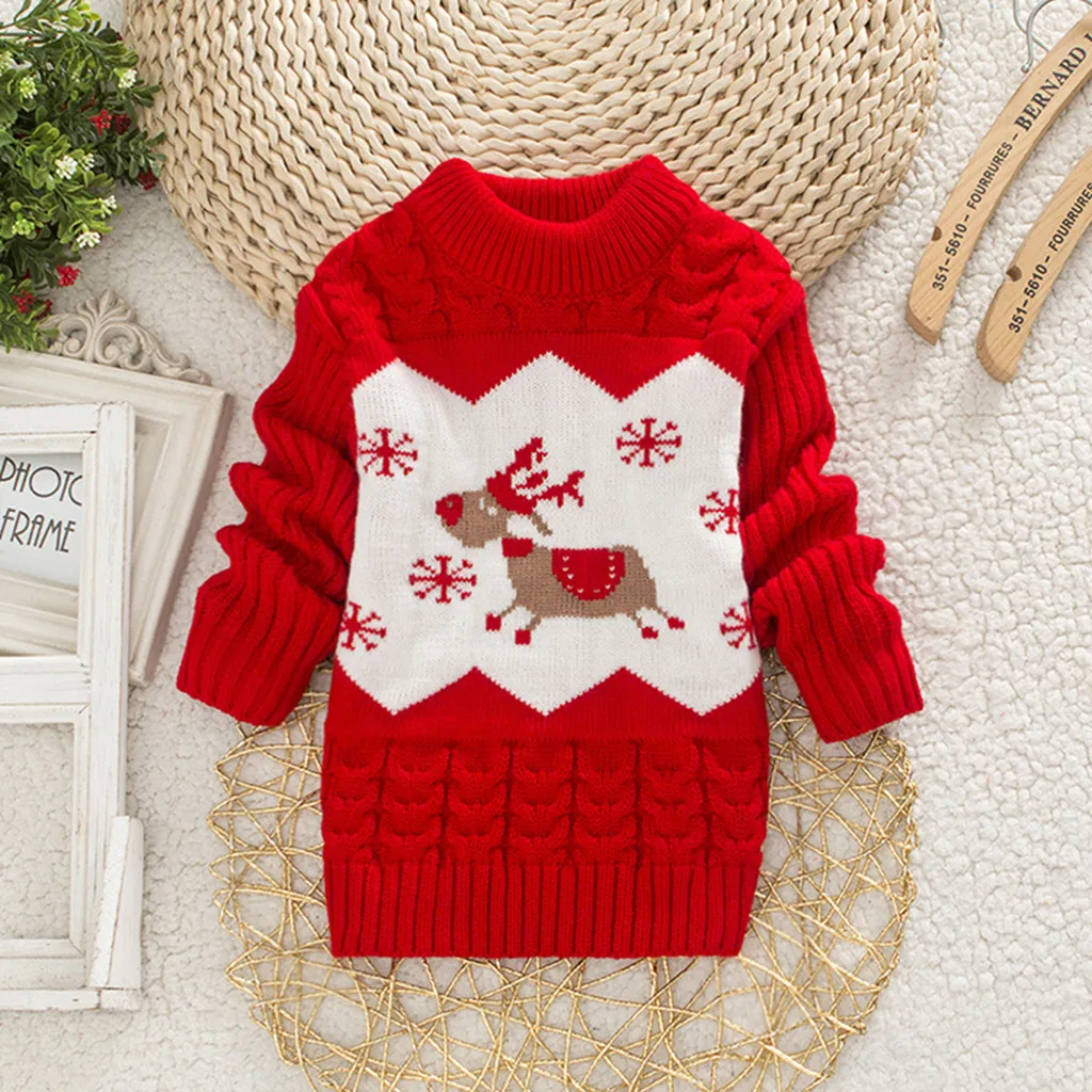 Рождественские свитера для малышей топы теплый свитер с рождественским оленем