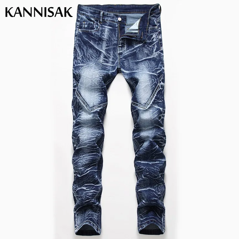 

KANNISAK Casual Patchwork Men Jeans Washed Stretch Distressed Straight Jeans Autumn Winter Male Denim Pant Vintage Trousers 2021