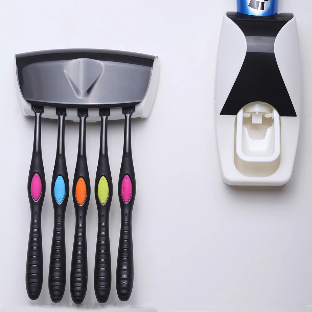 

Black Toothpaste Dispenser Home Wall Mount Bathroom Accessories Dust-proof Toothbrush Holder Storage Rack Automatic Squeezer Set