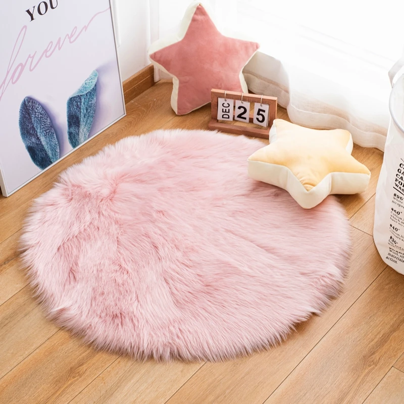 Plush Round Carpet Sheepskin Pink living Room Home Decor Bedroom Floor Cushion Mats For bedroom white area shaggy Fur Rugs