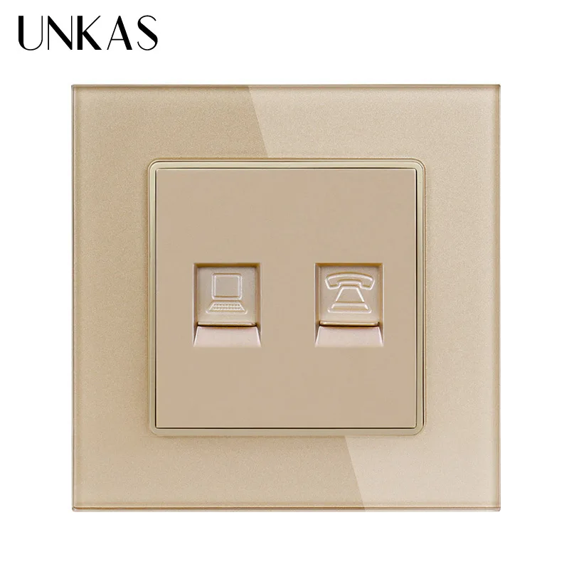 UNKAS White Computer Outlet Socket Luxury Crystal Glass Panel 1 Gang RJ11 Telephone With RJ45 Internet Jack CAT6 Connector | Обустройство