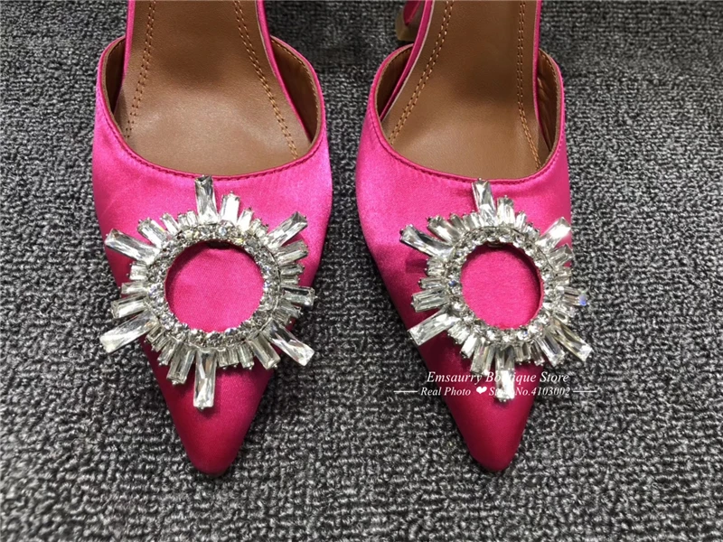 Luxury Satin Cup Heel Sandalias Mujer Sexy Back Strap Pointed Toe Crystal Buckle Individual High Heel Summer Sandals Women
