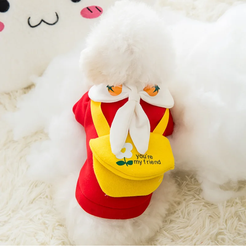 

Cute Rabbit Carrot Bow Tie Satchel Pet Clothes for Small Dog Cat Plush Sweater Teddy Warm Pet Spring Autumn Wear Puppy Clothes